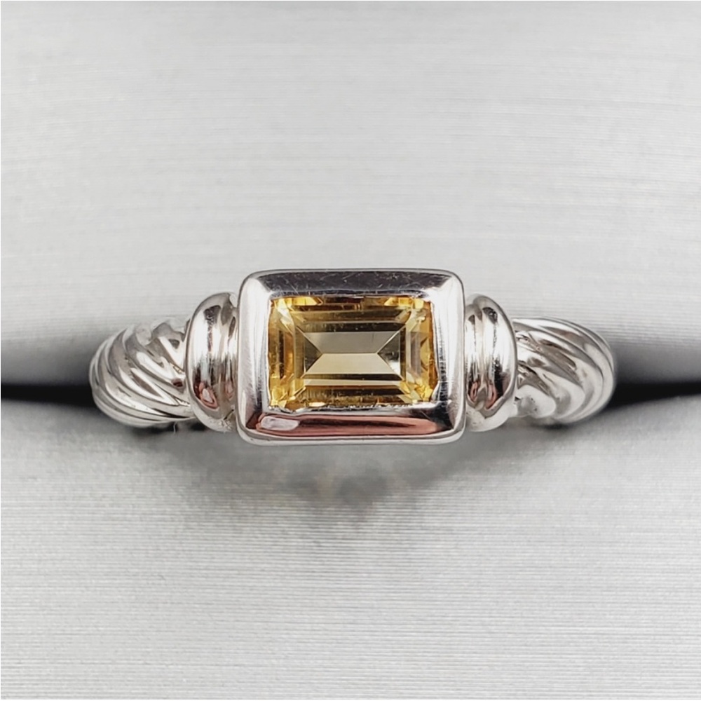Genuine Horizontal Emerald Cut Citrine 925 Sterling Silver Rope Ring